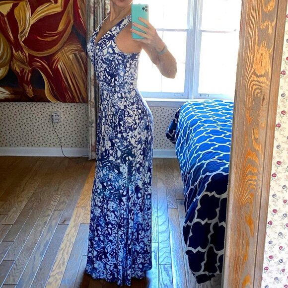 Peter Som Blue tie Dye Batik Print Floral Maxi Dress - Picture 3 of 8